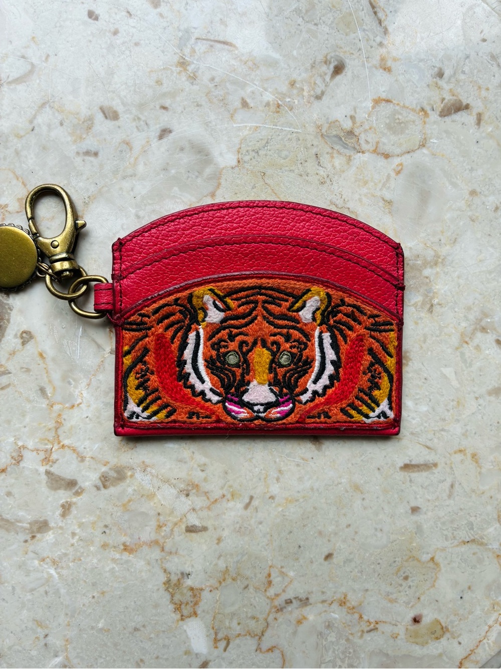 Fossil Tiger Embroidered Leather Card Holder Bag Charm Key Chain, Red